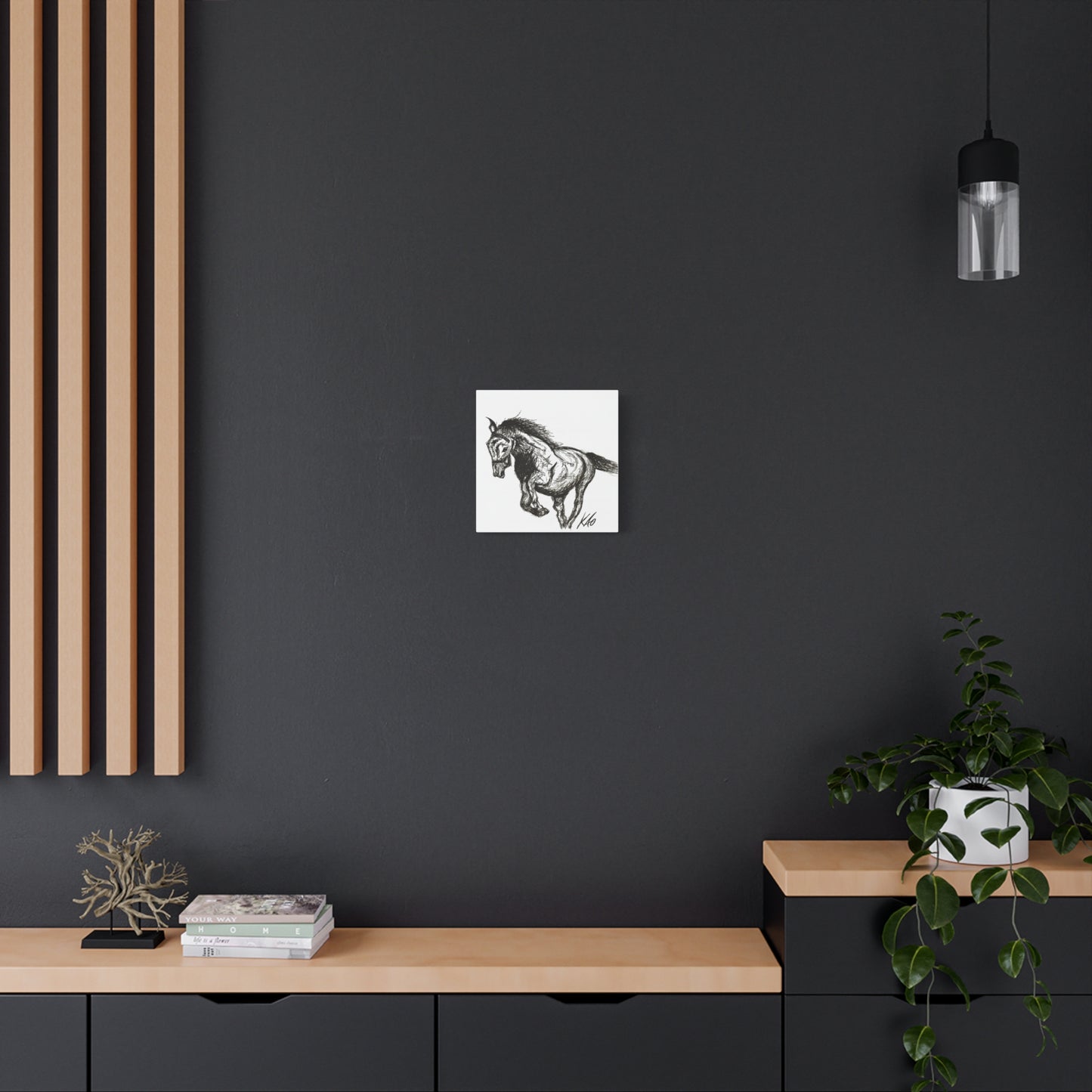 Horse Canvas Wall Art – Black & White Ink Drawing, Symbol of Strength, Freedom & Healing, Equestrian Wall Decor