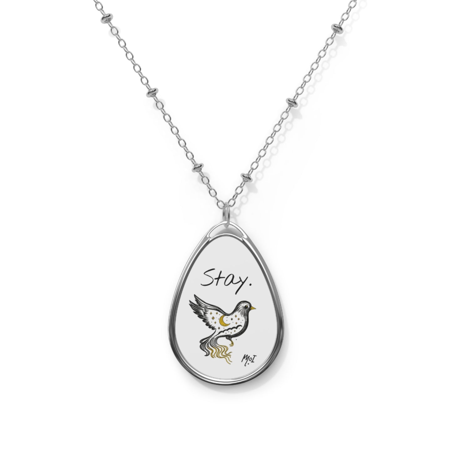 Stay Inspired Bird Necklace, Mental Health Awareness Jewelry, Celestial Pendant Gift, Unique Oval Keepsake