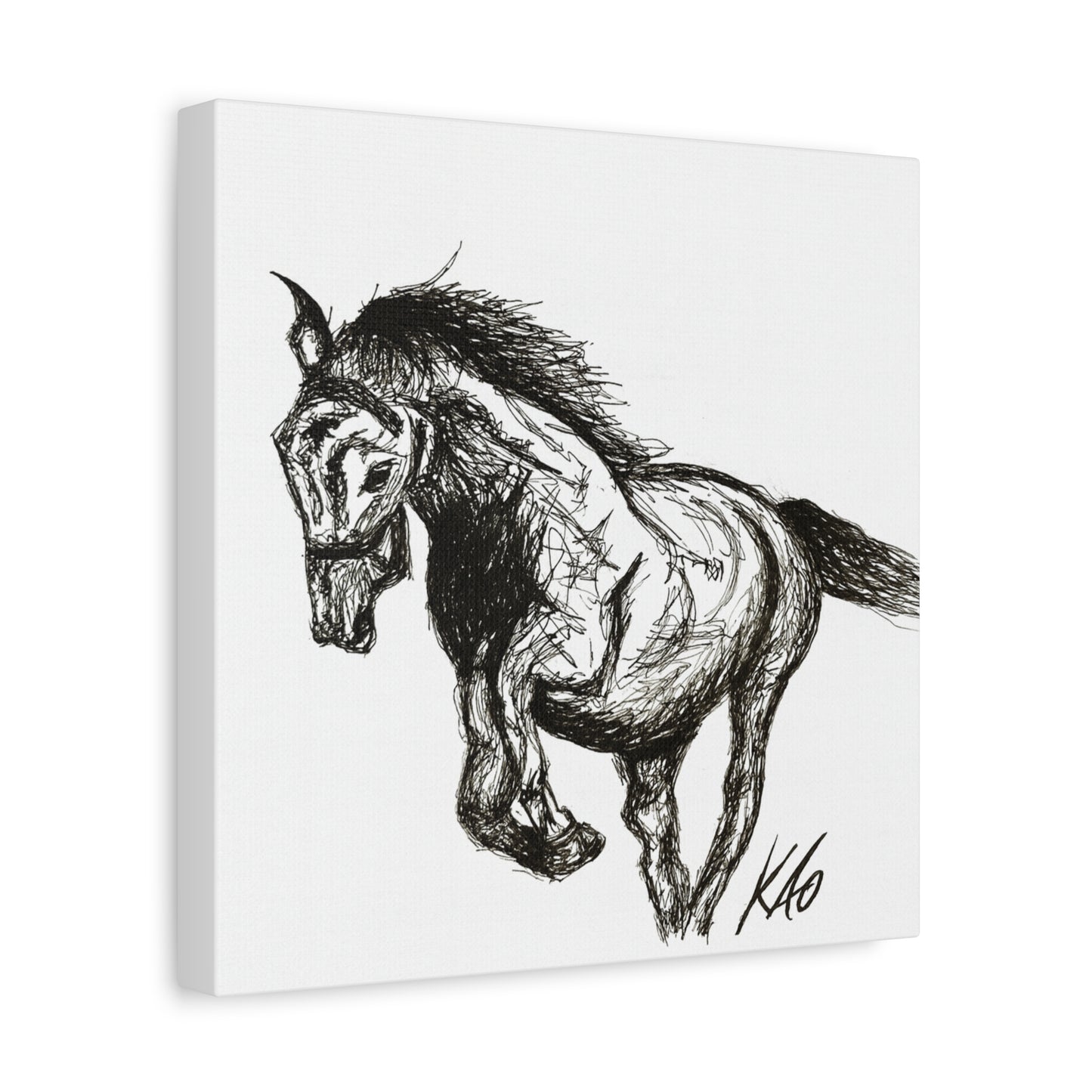 Horse Canvas Wall Art – Black & White Ink Drawing, Symbol of Strength, Freedom & Healing, Equestrian Wall Decor