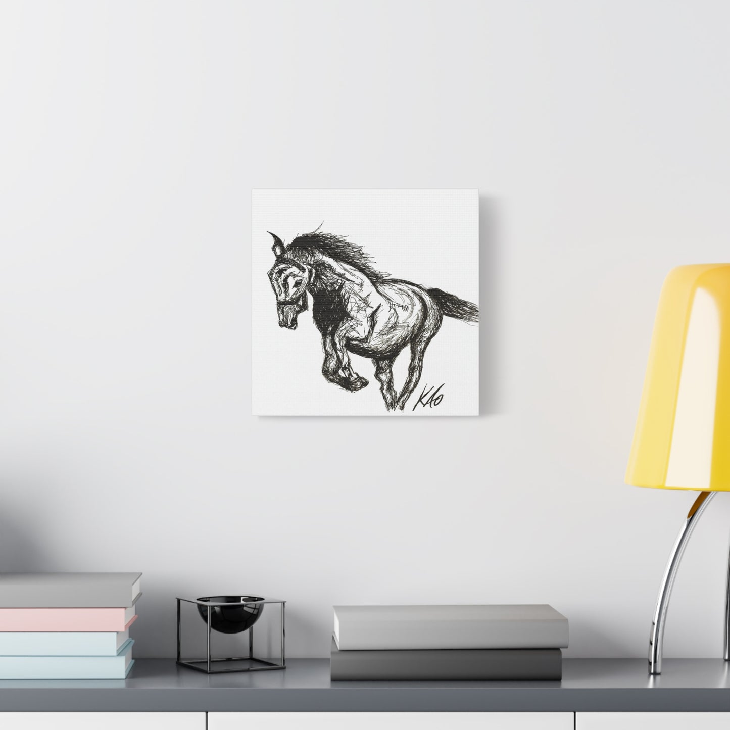 Horse Canvas Wall Art – Black & White Ink Drawing, Symbol of Strength, Freedom & Healing, Equestrian Wall Decor