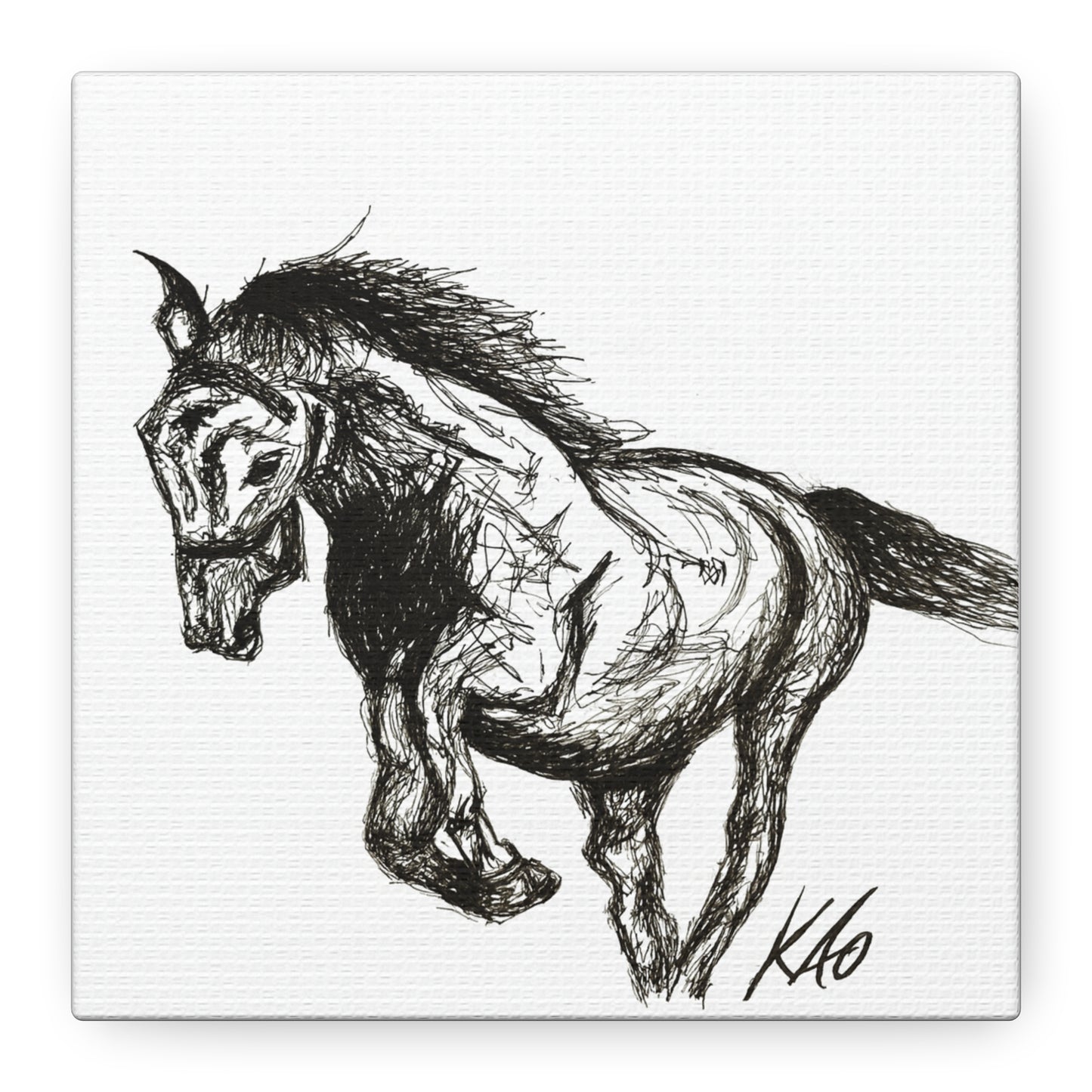 Horse Canvas Wall Art – Black & White Ink Drawing, Symbol of Strength, Freedom & Healing, Equestrian Wall Decor