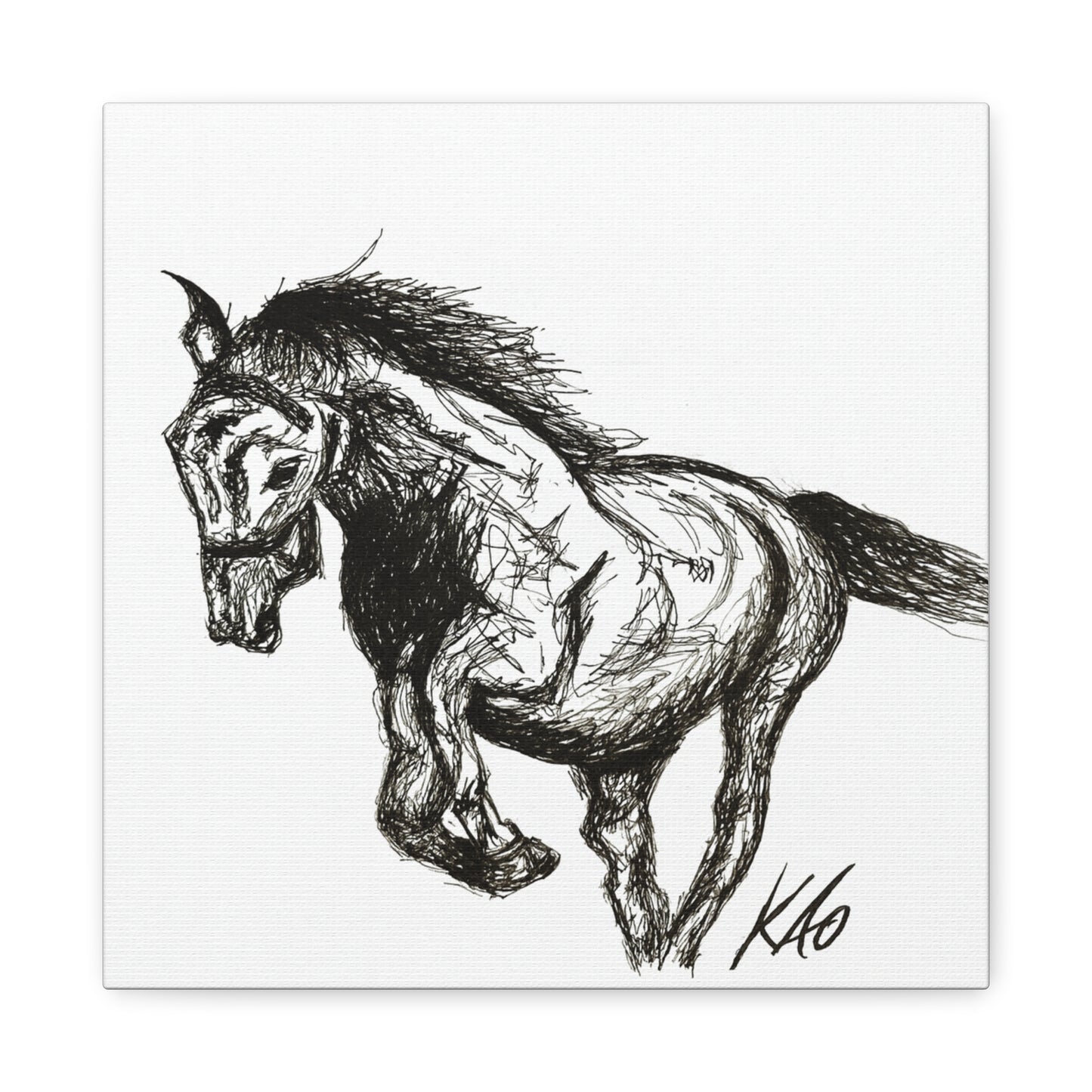 Horse Canvas Wall Art – Black & White Ink Drawing, Symbol of Strength, Freedom & Healing, Equestrian Wall Decor