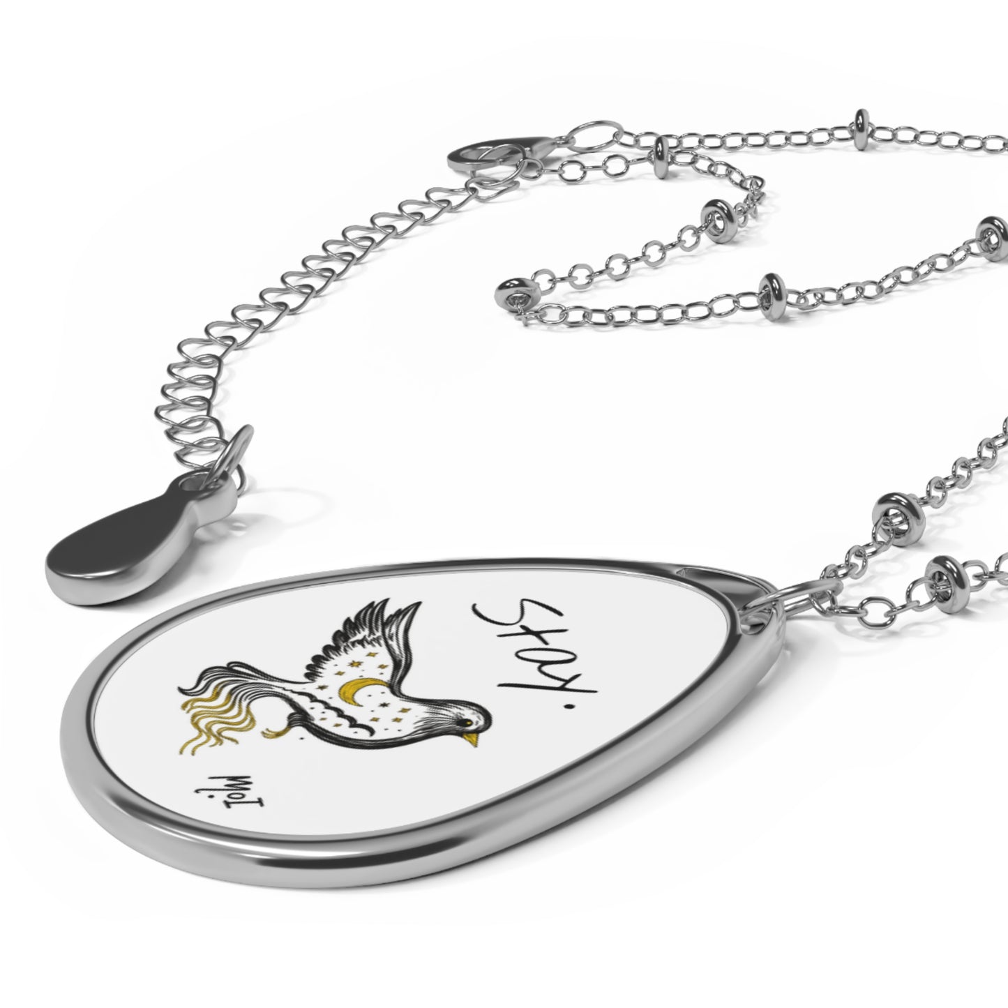 Stay Inspired Bird Necklace, Mental Health Awareness Jewelry, Celestial Pendant Gift, Unique Oval Keepsake